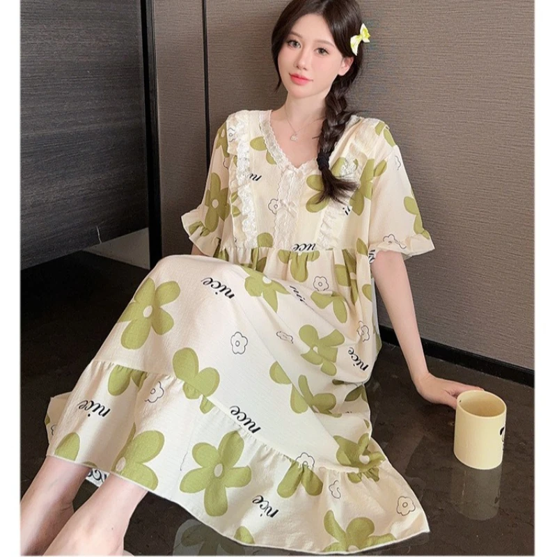 

150KG Extra Large Size Nightgown with Chest Pad Cartoon Short Sleeve Nightgown Student Pajamas Summer Loose Home Dress Sleepwear
