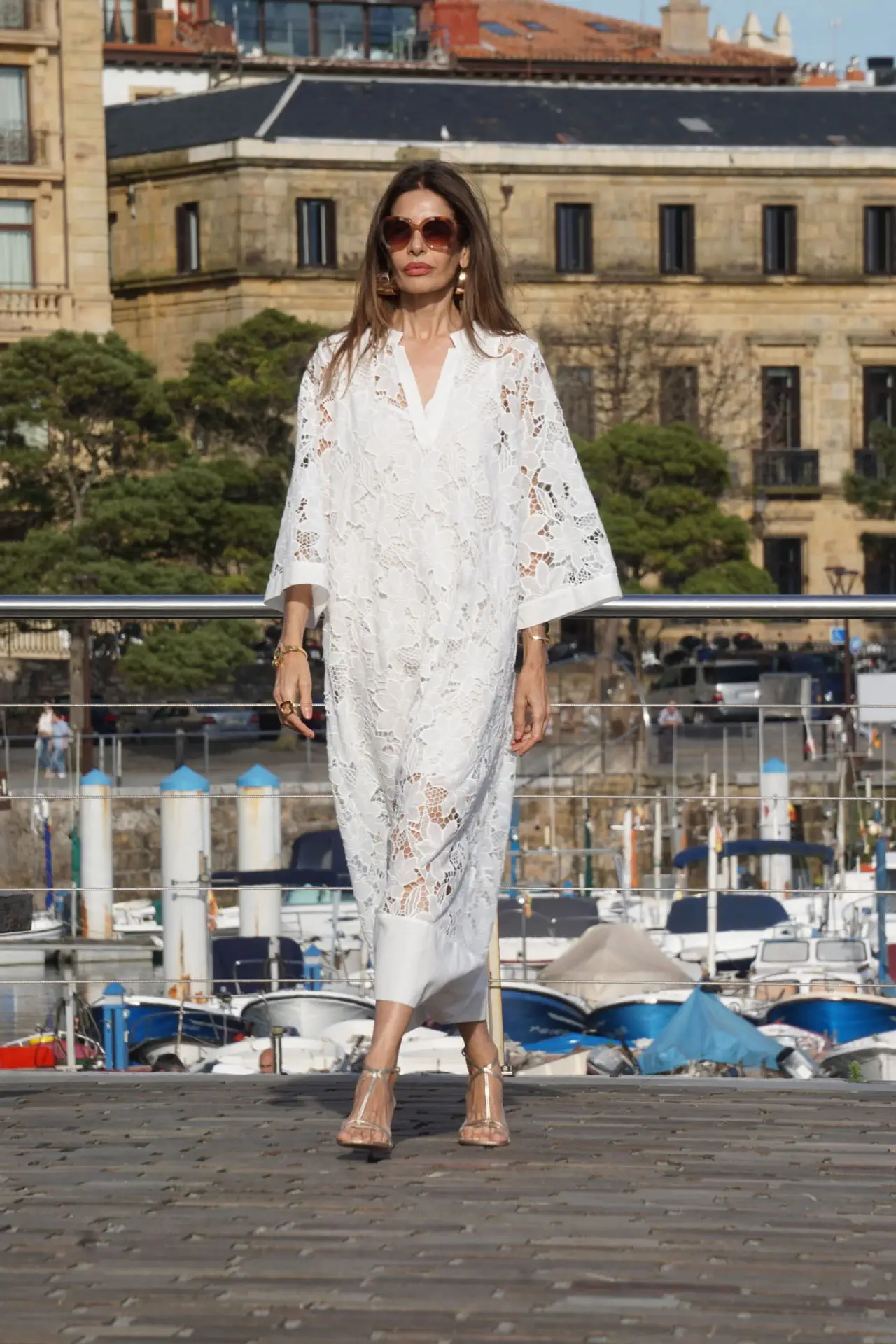 2024 Autumn Women White Embroidery Jacquard Lace Crochet Dress Sexy V Neck Hollow Party Dress Flare Sleeve Bohemian Long Robes