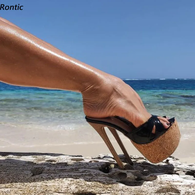 

Rontic New Fashion Women Mules Sandals Unisex Cork Pattern Sexy Stiletto Heels Open Toe Pretty Black Beach Shoes US Size 5-20
