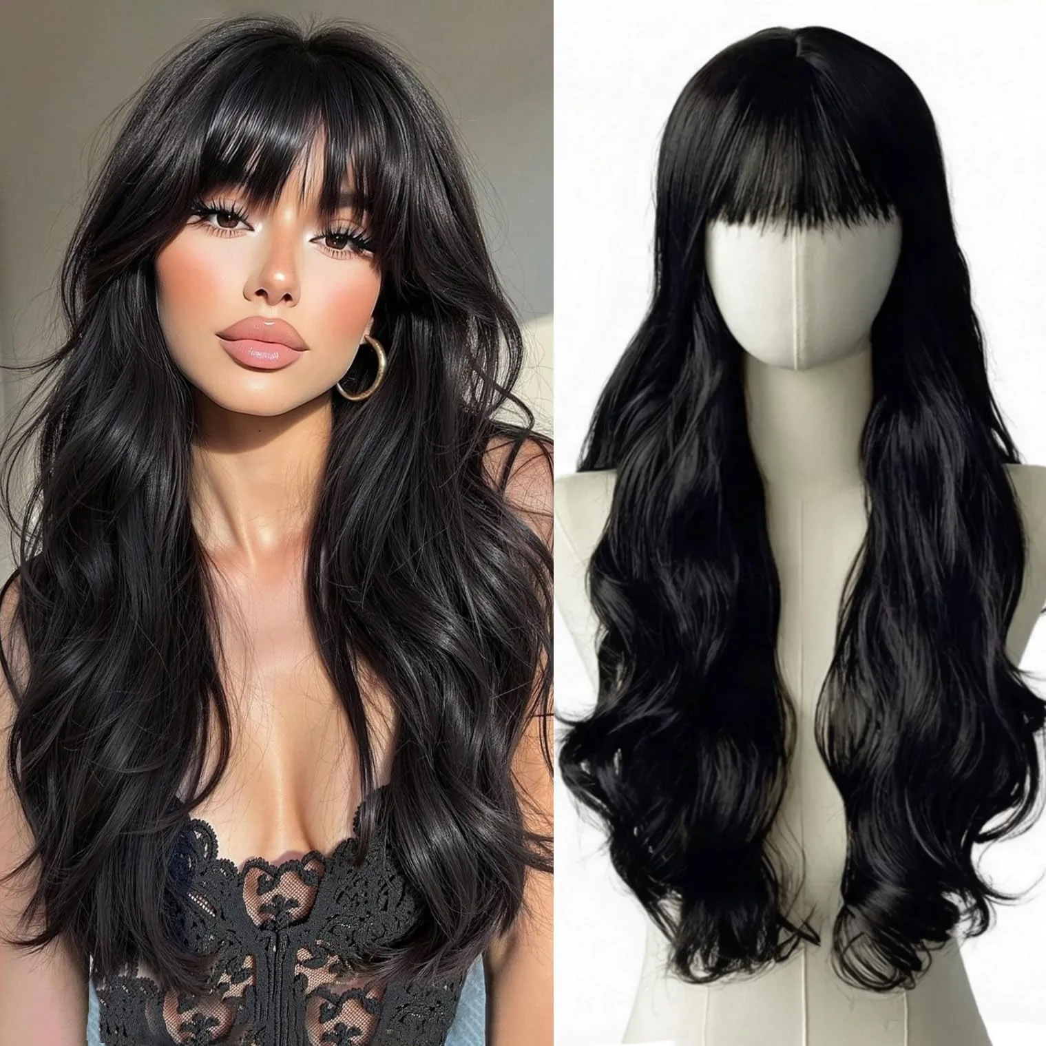 Black long curly hair synthetic wig Halloween wig cosplay wig character play wig daily party hot temperature hairnet