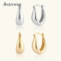 ANDYWEN 100% 925 Sterling Silver Gold Oval Thick Hoop Huggies Circle Women Luxury Fashion Fine Jewelry Simple Plain Jewelry