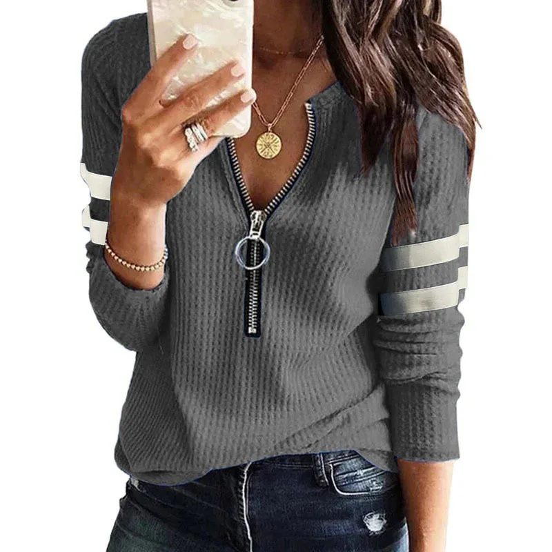 New Fall Winter Stripe Big Zipper Retro Sweater Long Sleeve Sweater Fashion Loose Pullover Womens Winter Sweaters Warm T-shirt