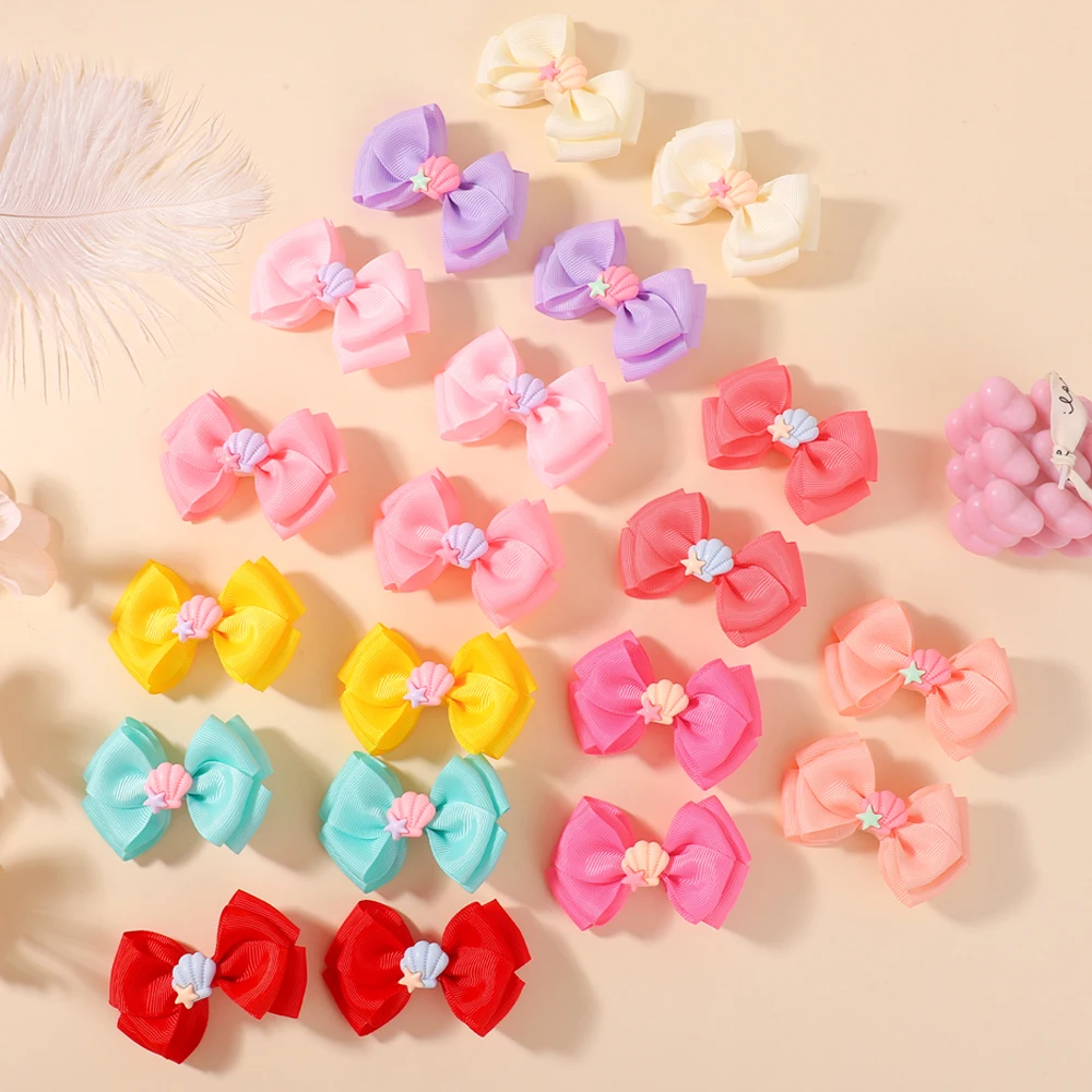 20pcs/set Shell Starfish Bow Hair Clips Solid Grosgrain Ribbon Barrettes Summer Beach Girls Hair Accessories
