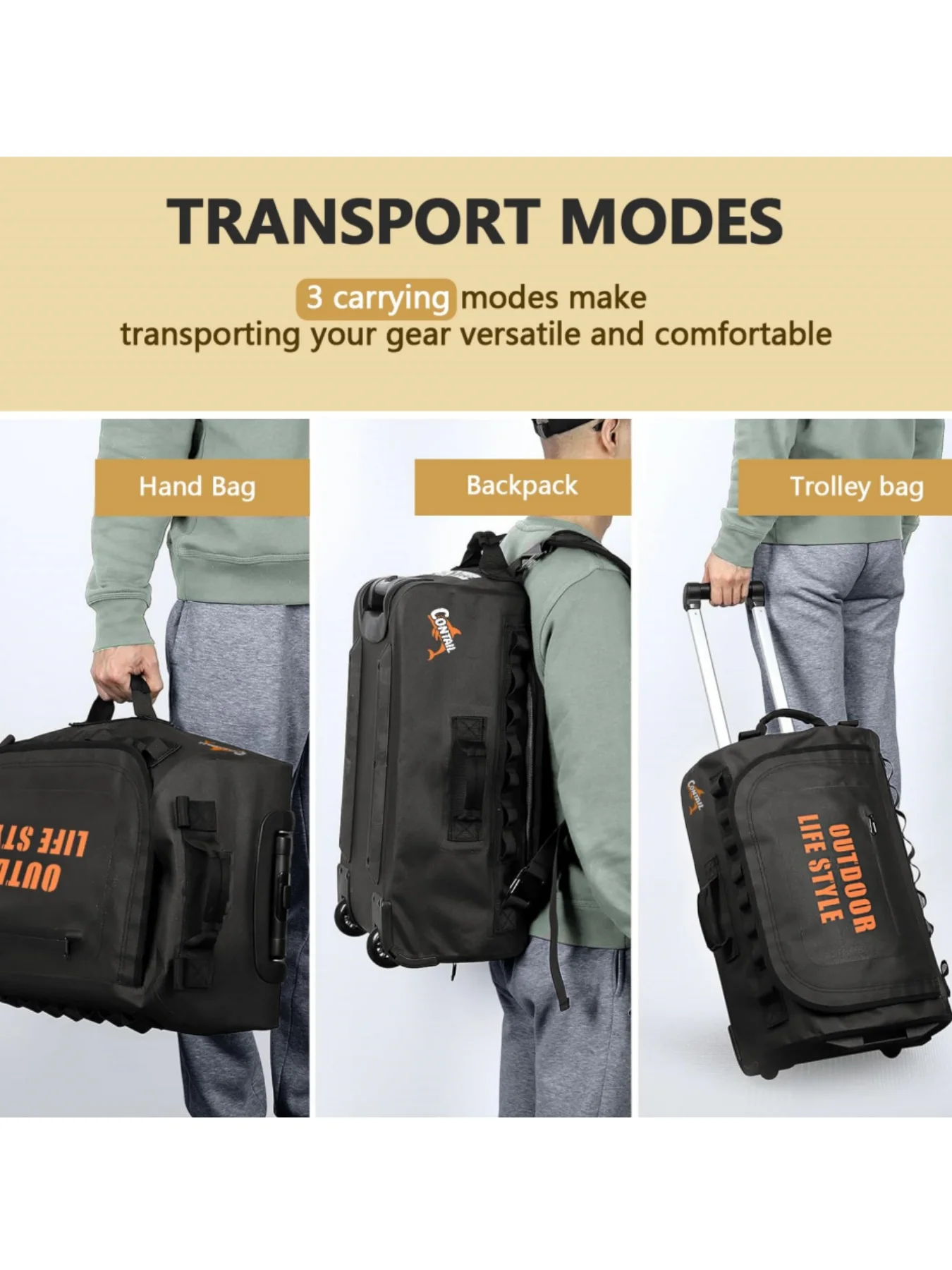 95-Liter-Tauchertasche mit Rollen, ausziehbarem Doppelgriff und abnehmbaren Rucksackgurten, geeignet für Tauchausrüstung, schwarz, Wochenendtasche – Detail 3