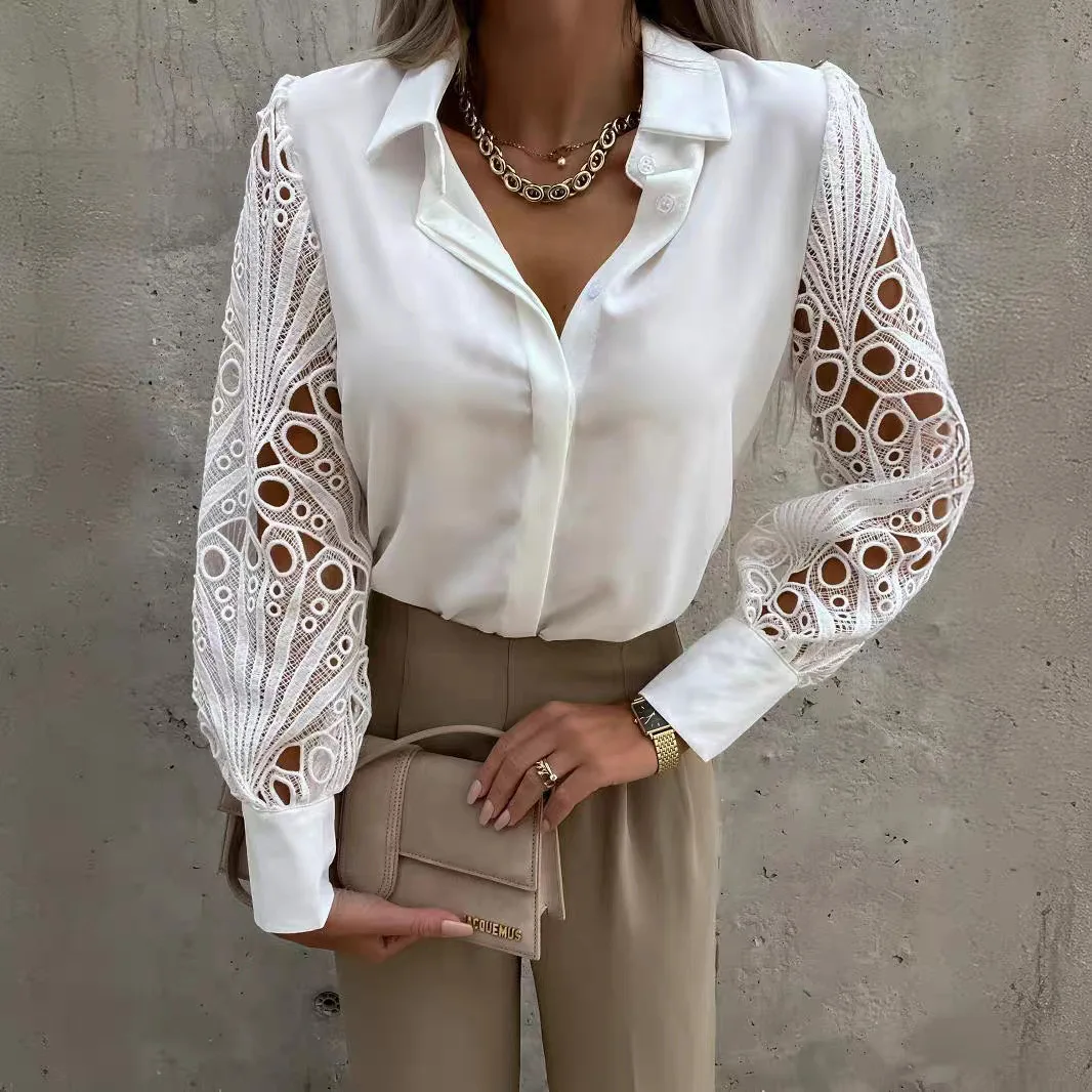 

Fashion Women's Blouse Solid Lace Patchwork Blouse Casual Summer Office Blouse Lightweight Chic Short Sleeve Shirt For Women