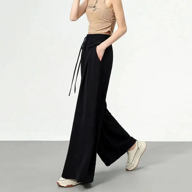 

Летние тонкие широкие брюки из ледяного шелка, женские винтажные свободные повседневные брюки с высокой талией, женские уличные брюки Haruku Y K с карманами