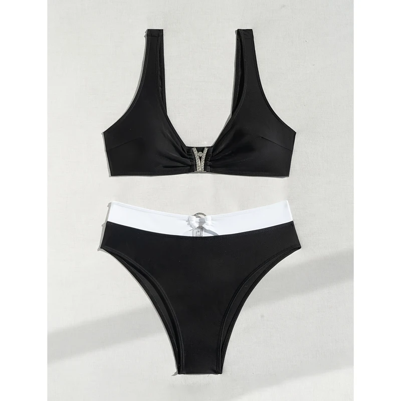 FASKOB 黒と白の V ネックスプリットビキニ水着女性ワンピース水着 2025 ビキニスーツ夏のビーチ水着