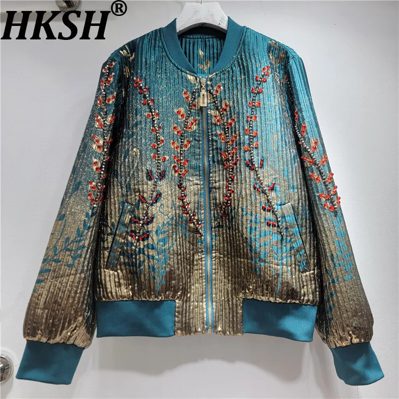 

HKSH Spring Autumn New Women Jacket Stand Collar Zipper Heavy Craft Beaded Gold Stamping Elegant Fashion Casual Ins Coat HK13762
