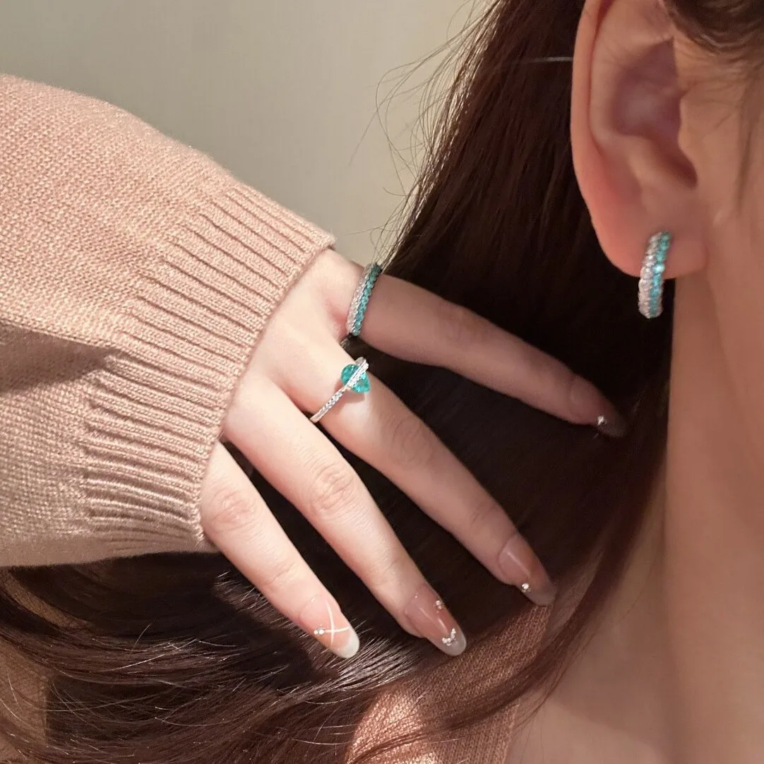 New Mint Paraiba Earrings Necklace Ring Smiling Geometric Light Luxurious and High-end Feeling view 5