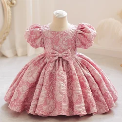 M127 Meninas Vestido Palácio Estilo Pequeno Pré-escolar Crianças Manga Bolha Bowtie Princesa Bonito Desempenho