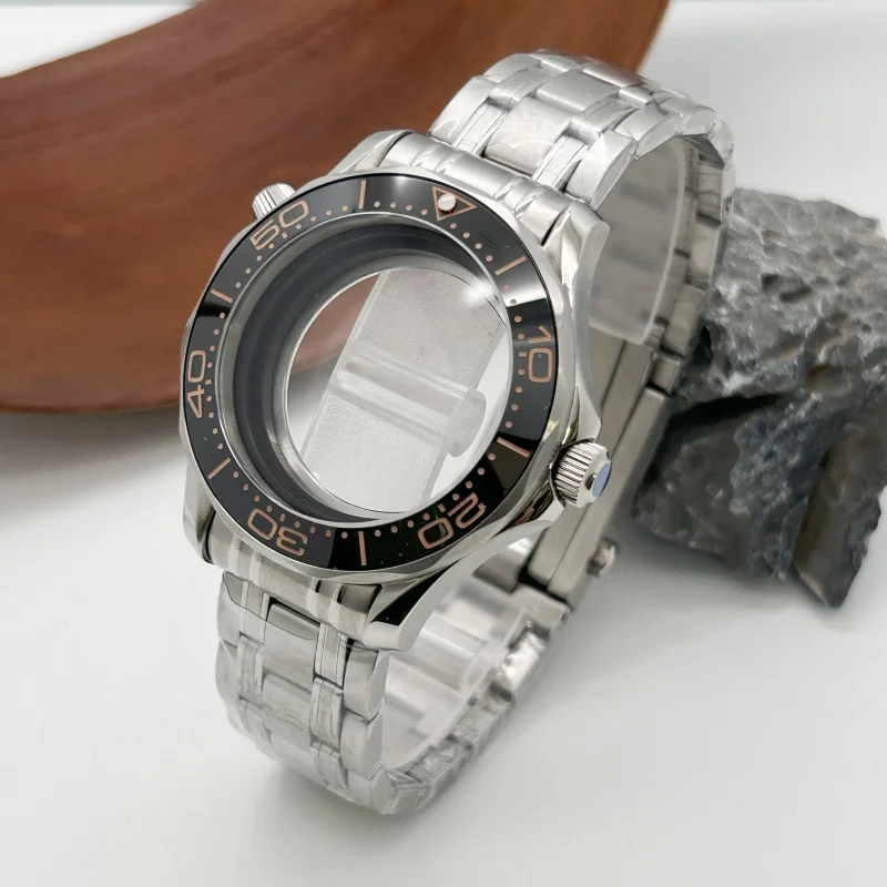 Vidrio Mineral de acero inoxidable plateado de 42mm para Omg300 NH35 NH36 NH70 funda deportiva impermeable para hombre banda de acero bisel cerámico sin logotipo