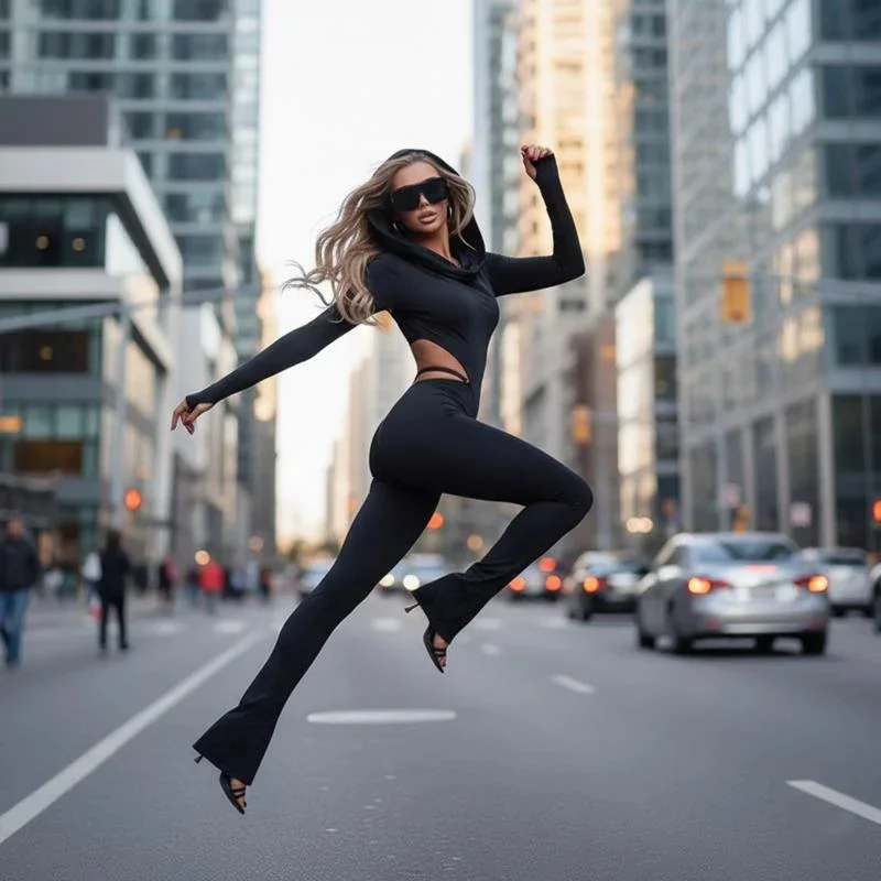 

Women's Backless Hooded Jumpsuit In Stretch Fabric With Long Sleeves Slim Fit And Split Hem For Night Party Street Style Outfits