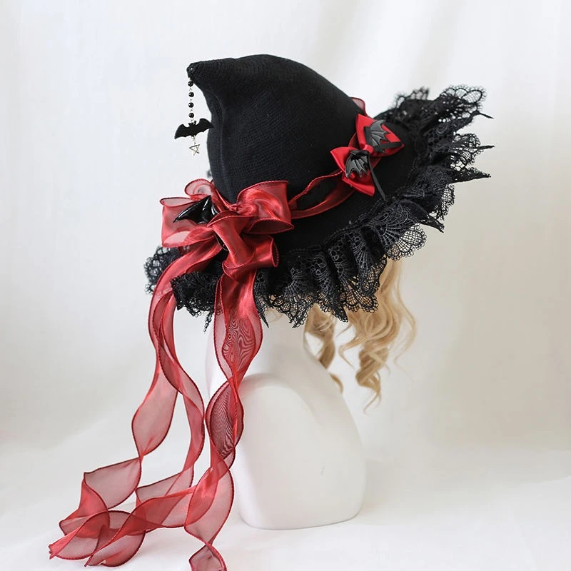 Fait à la main Lolita noir Halloween sorcière Lei Sibonett BNT chapeau nœud papillon chauve-souris dentelle arc Bnt couvre-chef femmes Cosplay cheveux accessoires fille