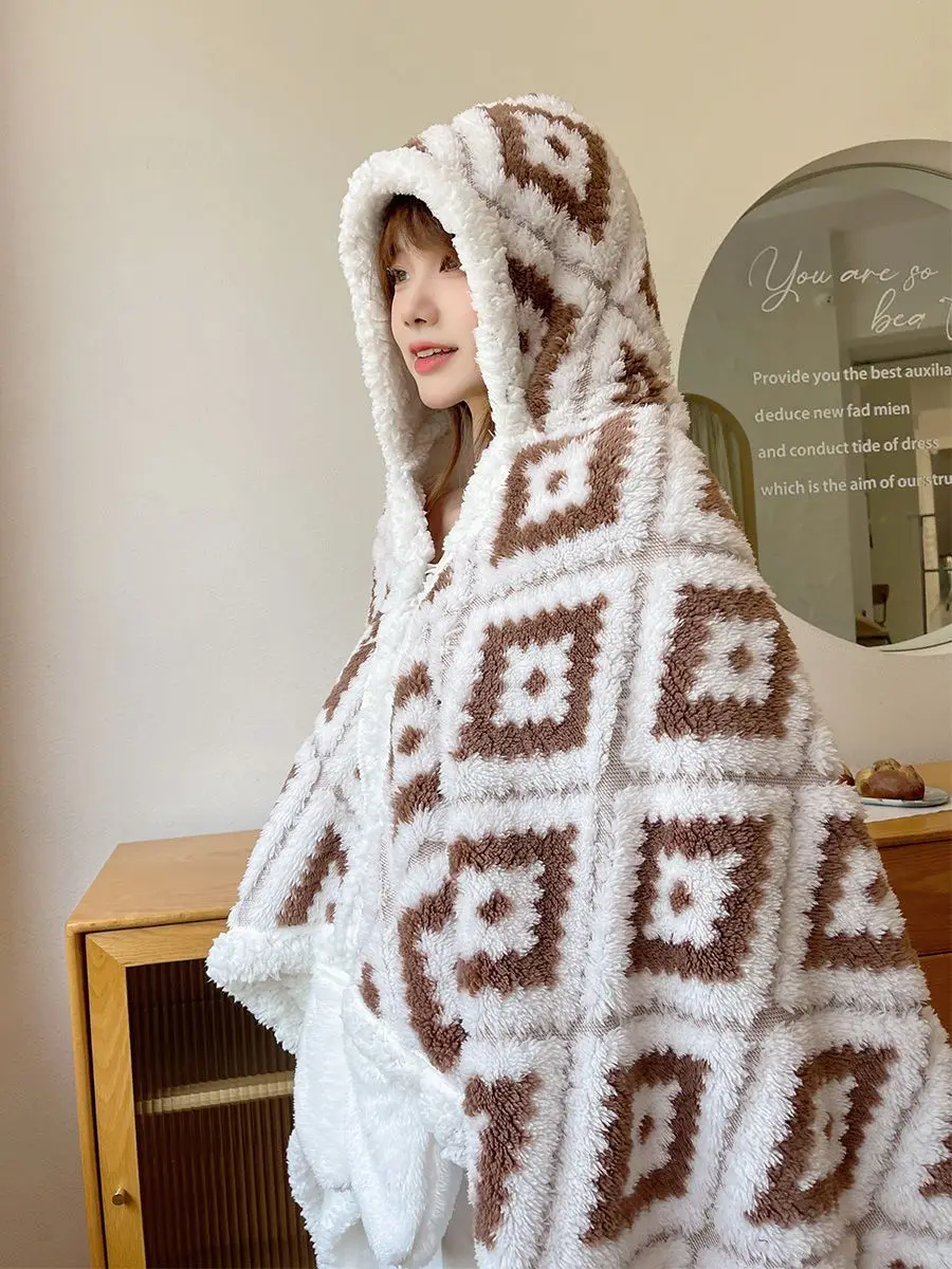 Ins Bohemia Blanket Flannel Cloak Hooded With Hat Wearable Winter Warm Women Home Cosplay