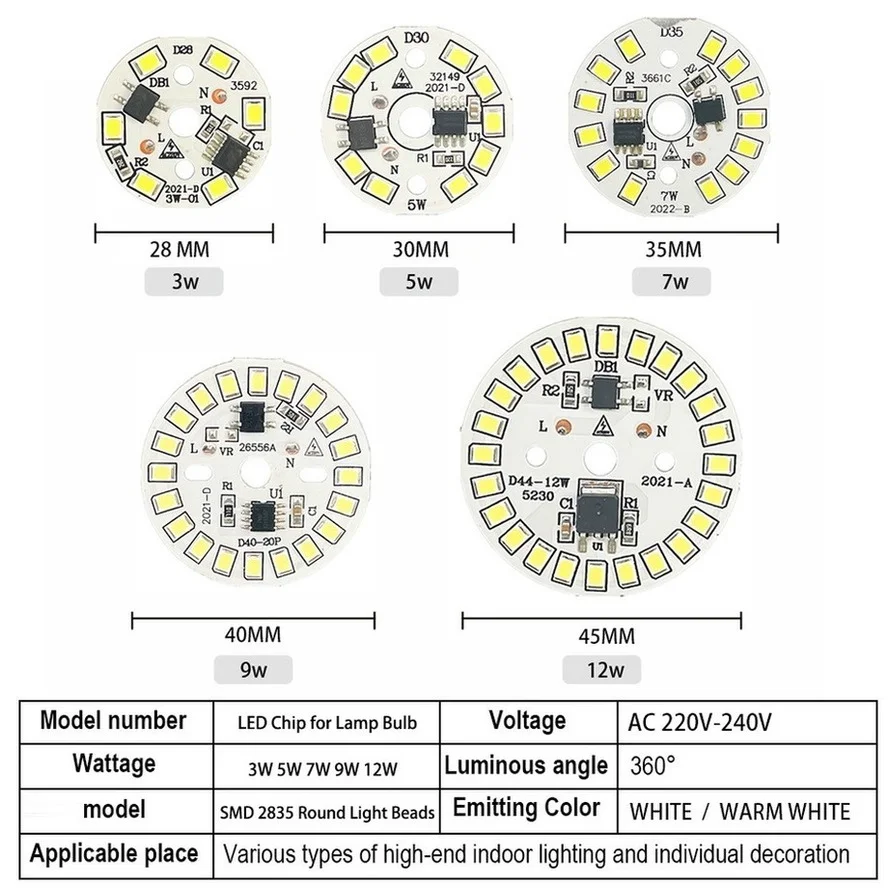 RnnTuu-Chip LED para bombilla de lámpara, 3W, 5W, 7W, 9W, 12W, SMD 2835, cuentas de luz redondas, CA 220V, foco de iluminación de 90 lúmenes/W