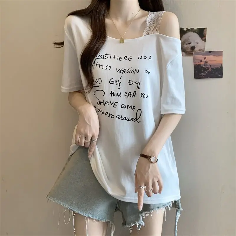 Plus-size women's spring and summer new loose slimming letter-print irregular slant collar off-shoulder short-sleeve T-shirt