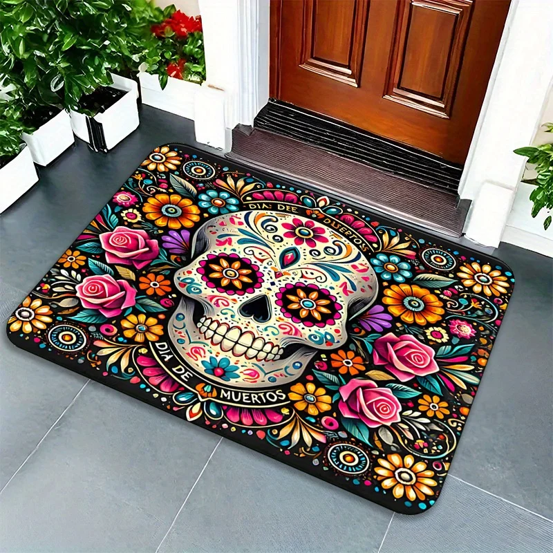 Day of The Dead Floral Skull Non-Slip Door Mat Mexican Party Decor Entrance Welcome Mat Balcony Hallway Bath Rug Home Decoration
