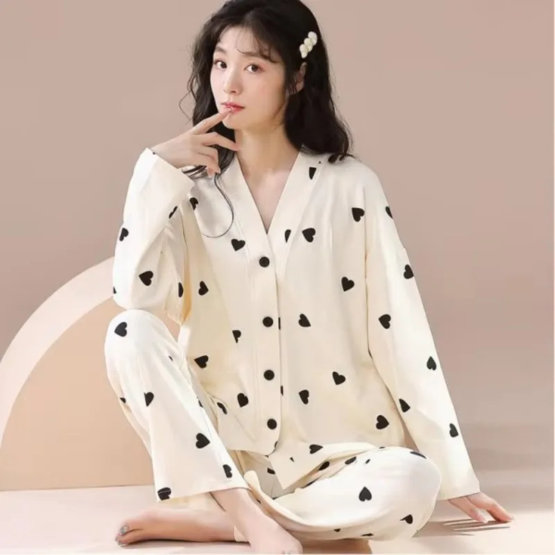 Autumn Winter Pajama Women Cute Sweet Knitted Cotton Long Sleeve Cardigan Plus Size Set Ladies Daily Comfort Pajamas Home Wear