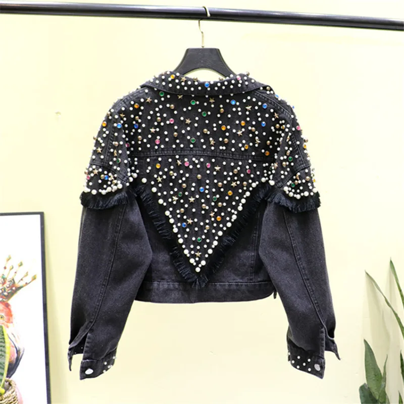 Frühling Koreanische Mehrfarbige Diamanten Perlen Denim Jacke Frauen Lose Kurze Cowboy Oberbekleidung Vintage Schwarz Blau Jeans Jacke Weibliche