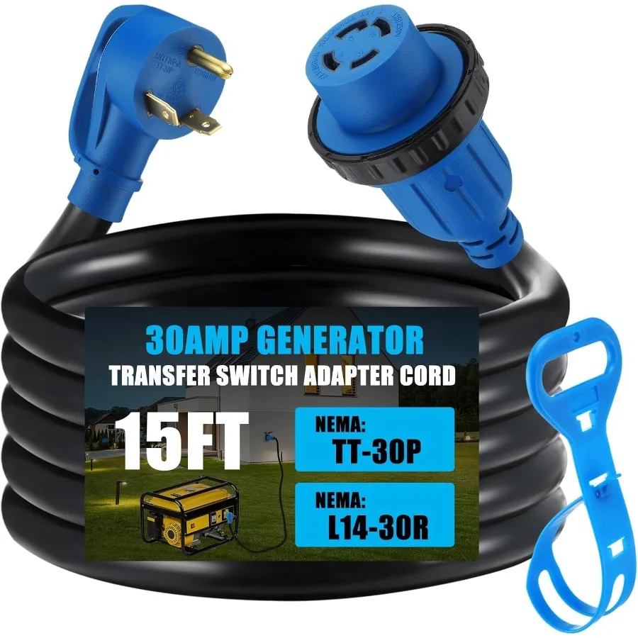 

15 ft TT30P to L1430R Generator Transfer Switch Adapter Cord with Locking Ring 30 Amp TT30P Male to L1430R Female 10 AWG Copper