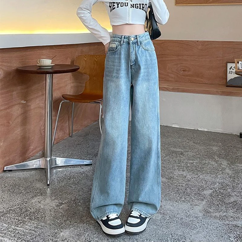 Blue Wide Leg Jeans for Women 2024 New Spring/summer New Short Loose High Waist Straight Leg Pants Washed Denim Pants