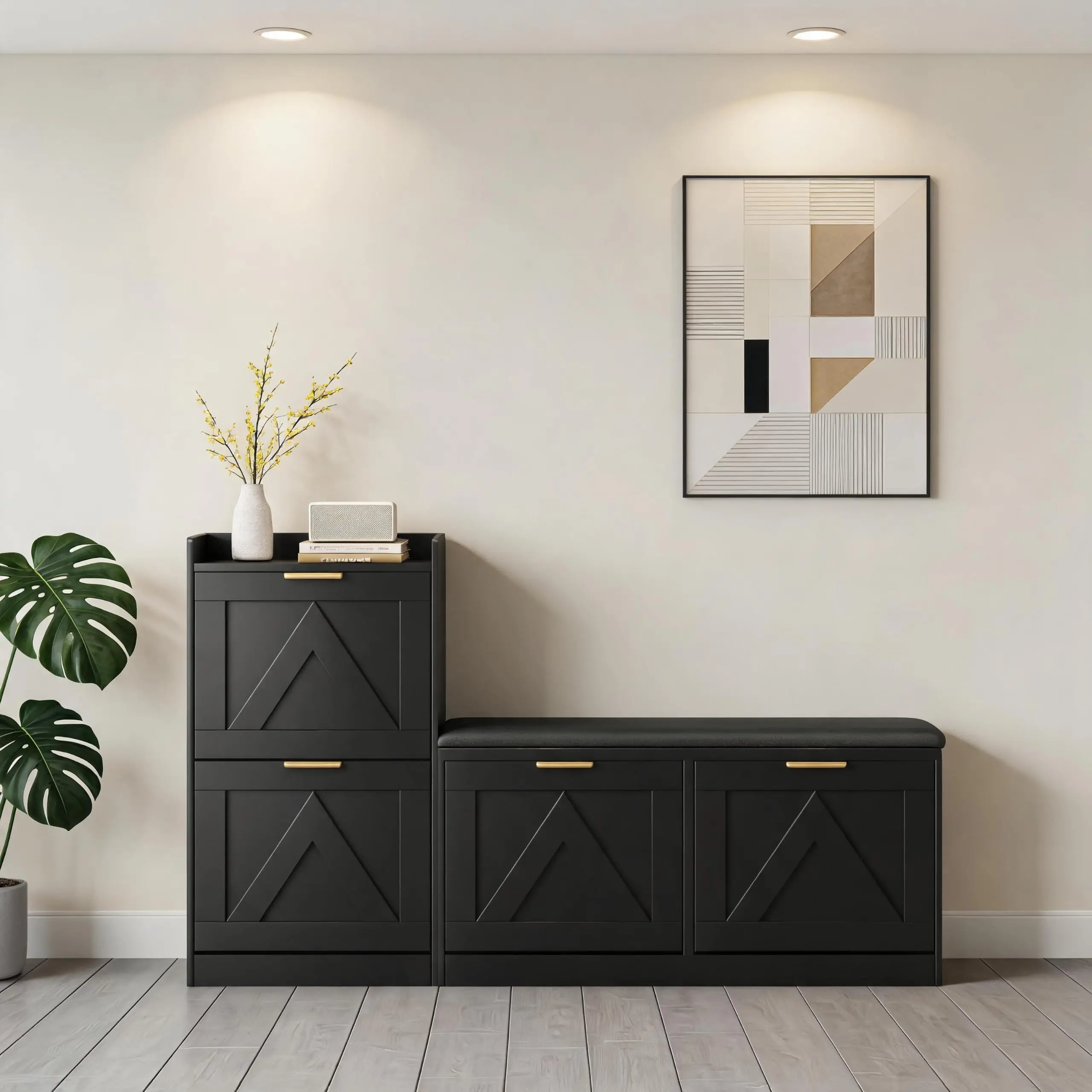 Shoe Bench with Storage, 4 Flip Drawers, Adjustable Seat, Black