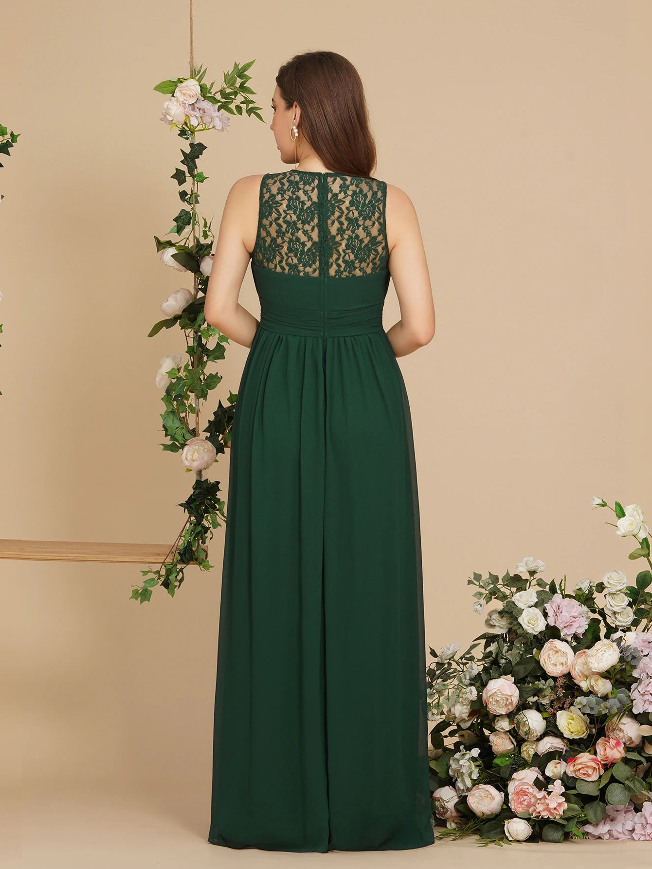 BABYONLINE Dark Green Evening Dresses Floral Embroidered Bodice Sweetheart Neckline Long Maxi Flat Chiffon A Line Prom Party