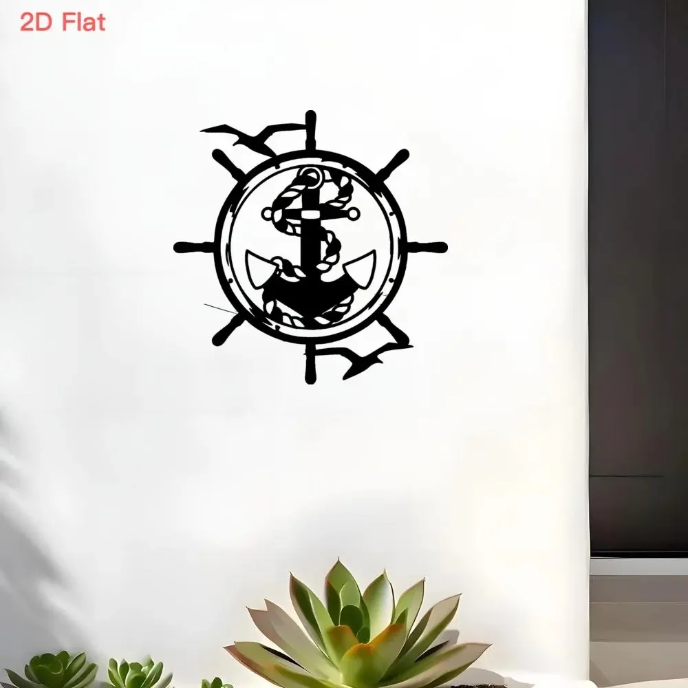 1Pc Nautical Anchor Ship Wheel Wrought Iron Wall Decor 2D Flat Laser Cut Black Metal Wall Art for Home Living Room Bedroom