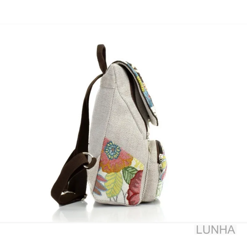 女性のためのレトロな花柄のバックパック,綿とリネンのカジュアルなバックパック,小さな手織りのバックパック,夏