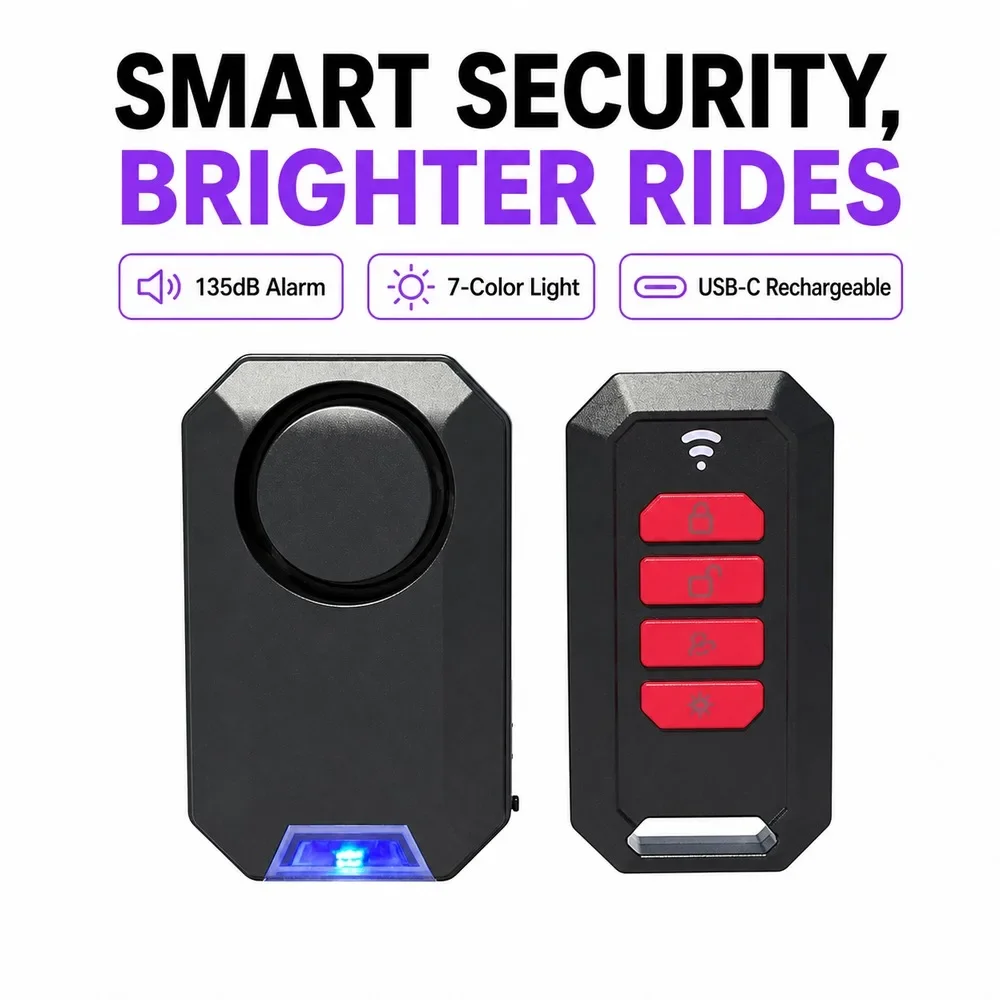 Wireless Bike Alarm 135DB With 50M Remote, USB-C Rechargeable IPX5 Bicycle Security Alarm And RGB Warning Light 06
