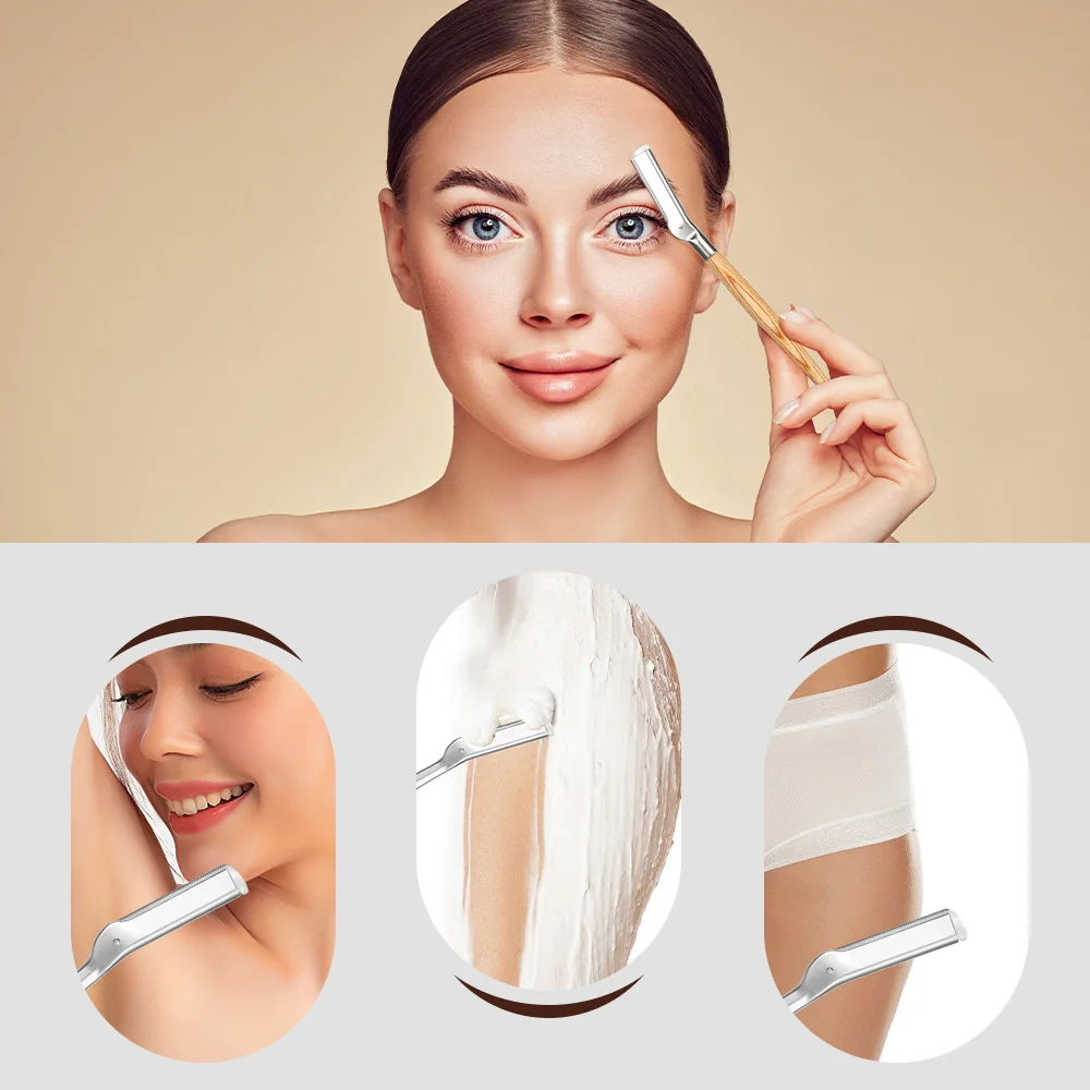 Women's Facial Eyebrow Razor, Stainless Steel Blade, Wooden Handle, with an Eyebrow Brush, 5 Replaceable Blades, and a Leather Case, Box Packaging - Professional Women's Facial Eyebrow Trimmer Valentine's Day Gift/Valentine's Day/Birthday Gift - Women's Facial Hair and Eyebrow Trimmer, Suitable for Both Men and Women