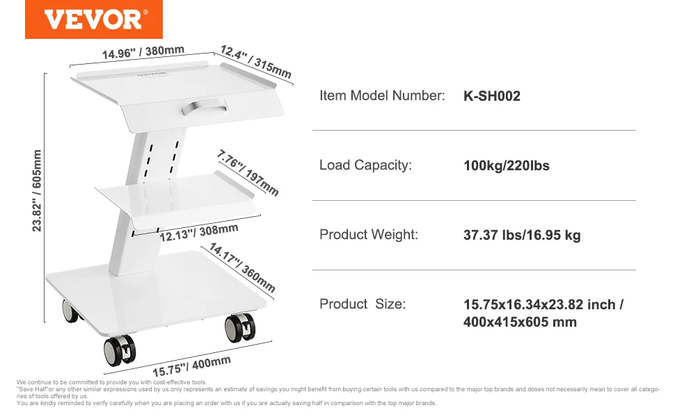 VEVOR 3-Layer صينية متنقلة معدنية عربة مختبر المتداول مع عجلات دوارة سعة وزن 220 رطل لعيادة المختبر والجمال والصالون