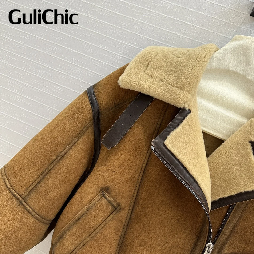 10.12 GuliChic Winter Keep Warm Suede Shearling Coat Women Vintage Genuine Leather Spliced Fur Lapel Warm Zipper Short Jacket