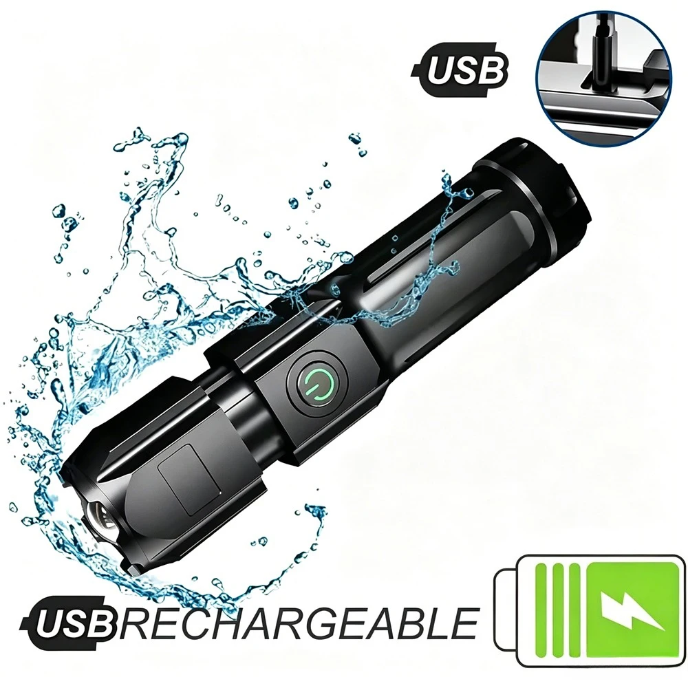 LED-Camping-Taschenlampe, leistungsstarker, wiederaufladbarer USB-Scheinwerfer, Zoom-Laterne, eingebauter Akku für Angeln, Outdoor, wasserdicht