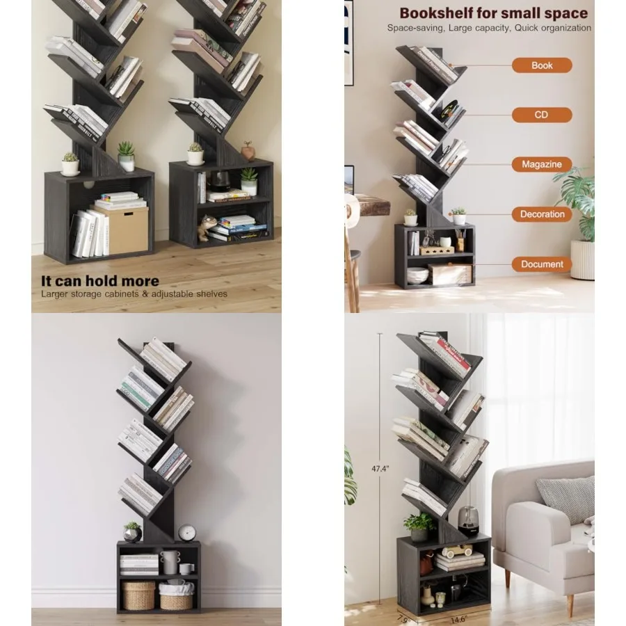 

6 Tier Tree Bookshelf, Small Bookcase with Storage Cabinet, Modern Narrow Bookshelves Organizer, Floor Standing Book Shelf for