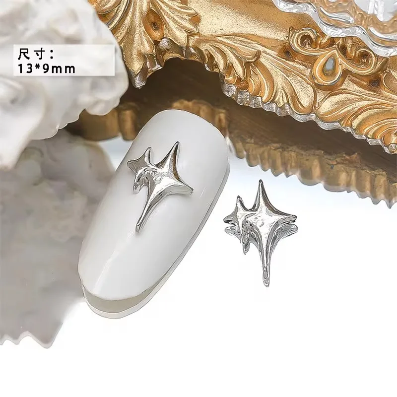 10pcs Exqusitive Nail Star Ornament Luxury Silver Rose Gold Alloy Four Star Nail Charms Flash Meatl Mancure Nail Art Decorations