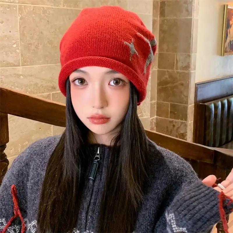Star Pattern Curling Drawstring Beanies For Women Autumn And Winter Warm Ear Protection Versatile Retro Knitted Pullover Hats