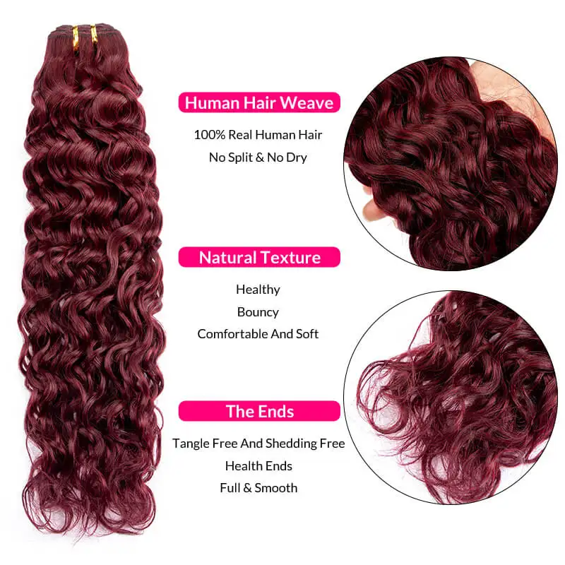 WXMY-Water Wave Human Hair Bundles para mulheres, tecer em trama dupla, extensões Remy, Borgonha, 100g por PC