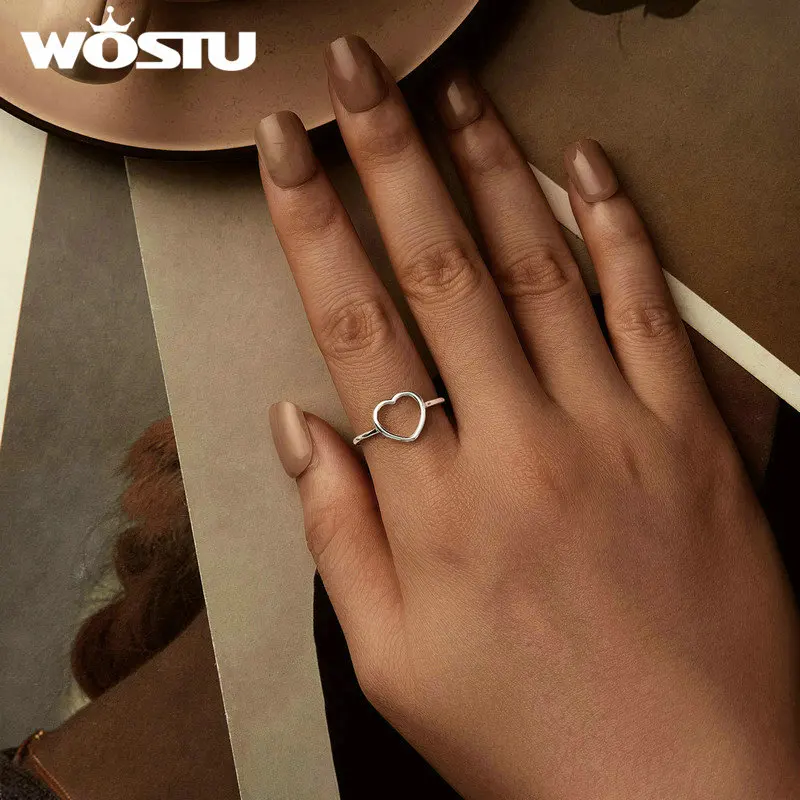 WOSTU Original 925 Sterling Silver Heart Joint Ring 18K Gold Plated Finger Ring For Women Lover Ring Fine Jewelry Dating Gift