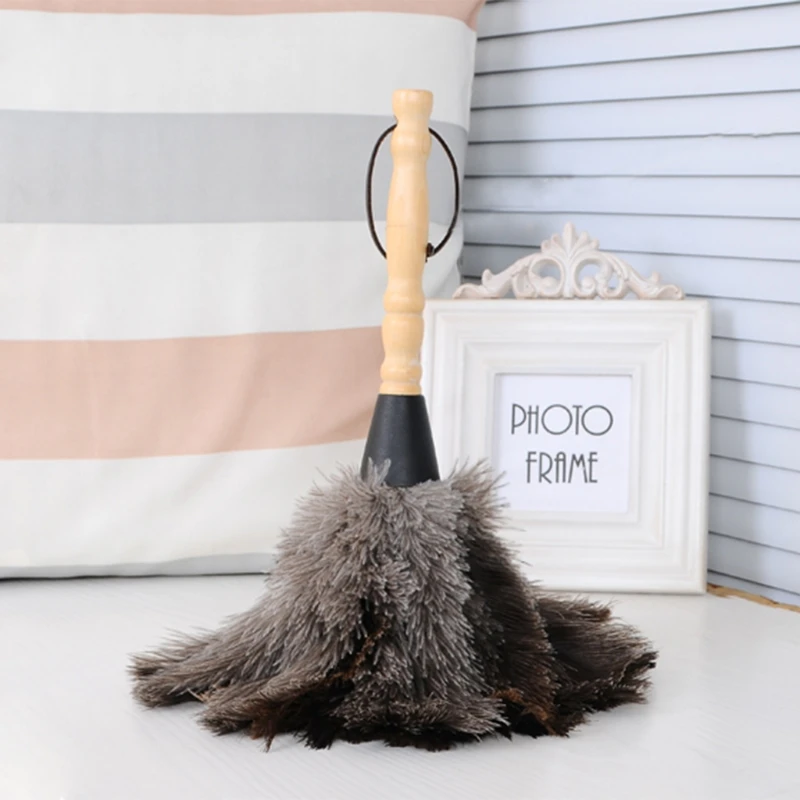 Natural Fluffy Ostrich Feather Duster with Wooden Handle Eco-Friendly Reusable Handheld Car Duster Interior/Exterior