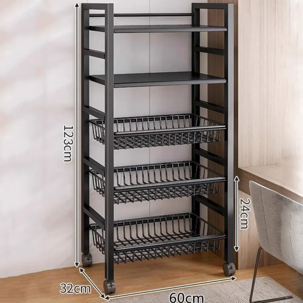 Kitchen Storage Basket Multi-Layer Floor Room Trolley Rack Kitchen Trolley Storage Basket Movable Pot Rack Microwave Shelf Cart