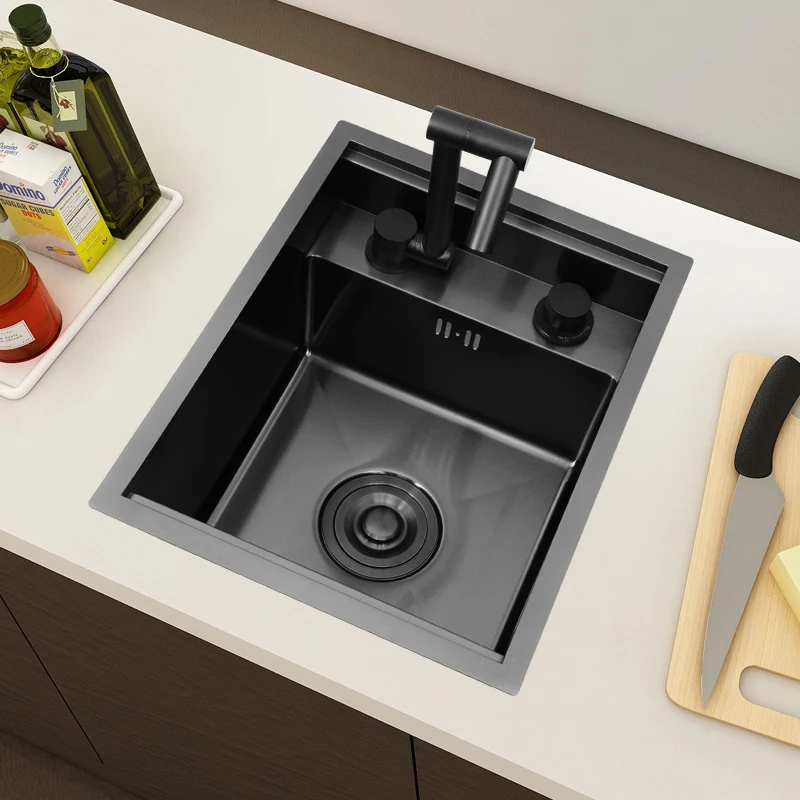 Black nano hidden invisible island counter bar sink with cover plate, small single slot, 304 stainless steel vegetable