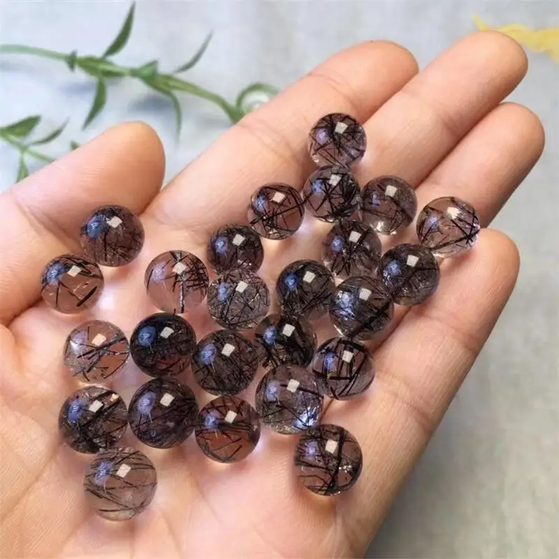 

5pcs Natural Black Hair Quartz Sphere Reiki Polished DIY Necklace Pendant Earring Handmade Fengshui Gift 10mm