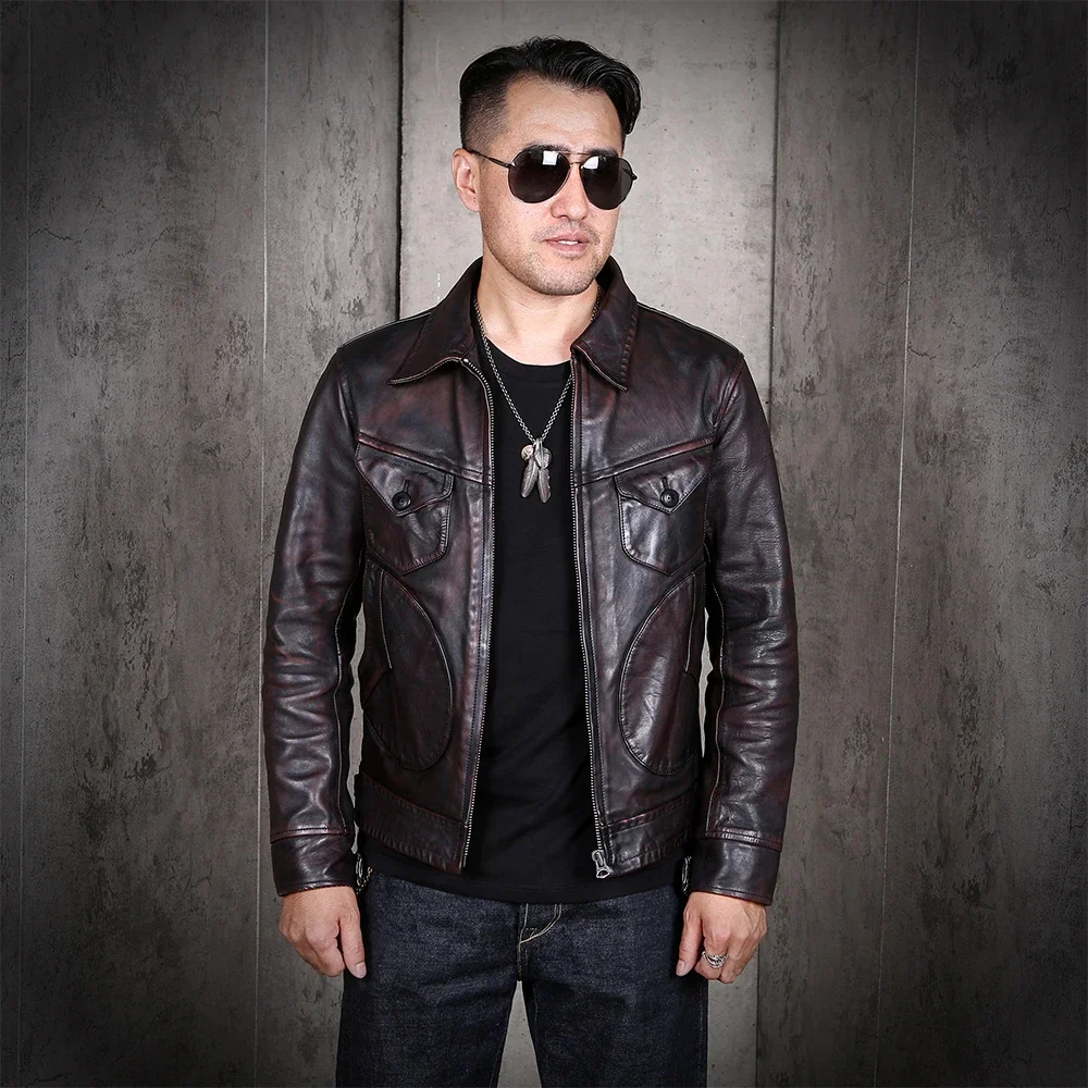 

YR!Free shipping.Brand new Quality tea core horsehide jacket,Classic leather clothes,Man quality Vintage genuine coat,