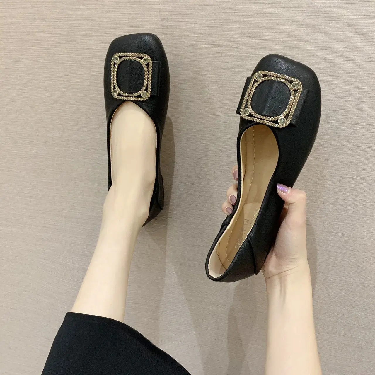 Woman Flats Low Heel Elegant Moccasins Slip-on Square Toe Shoes for Women Promotion Fashionable Shoe Summer 2025 Price Popular