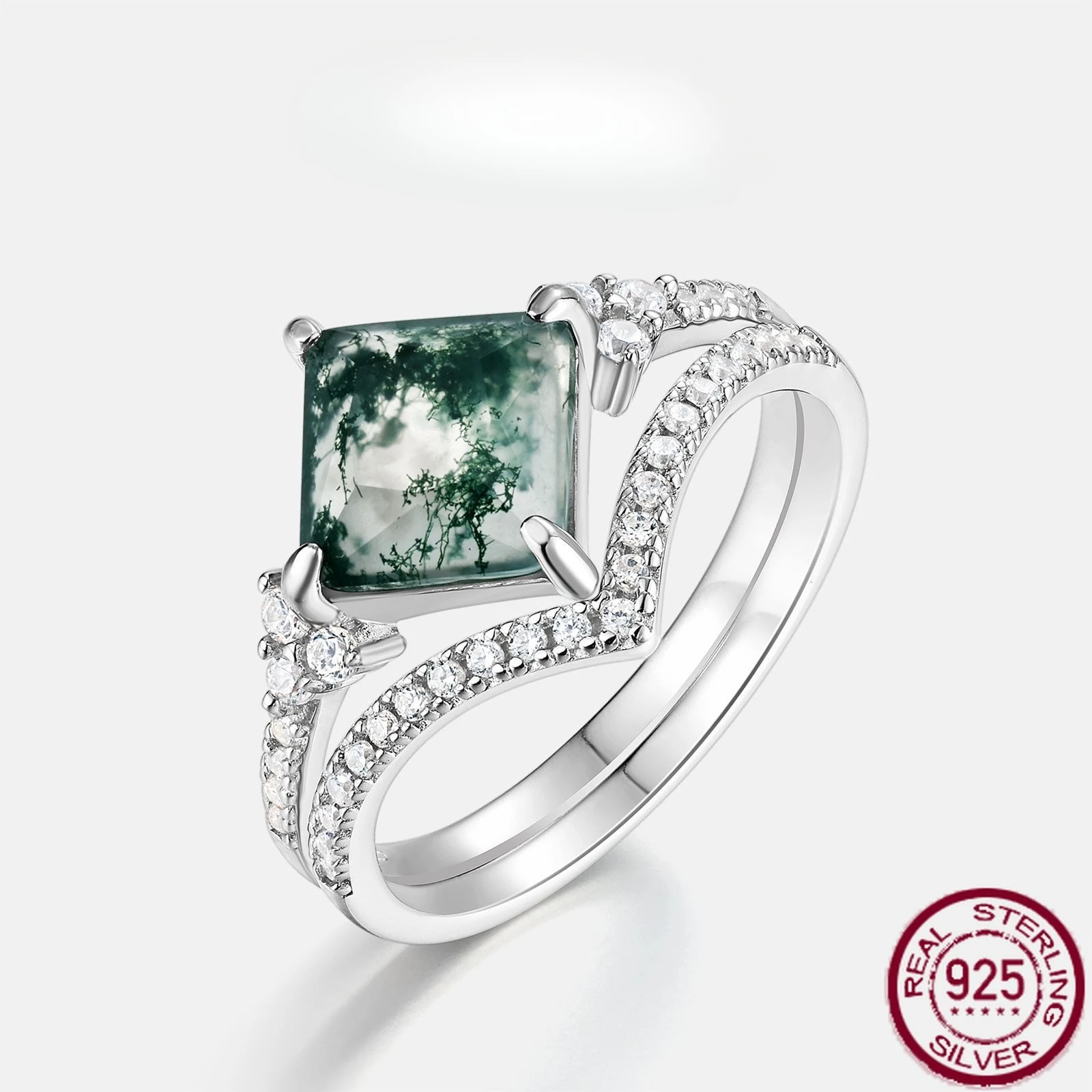 

New S925 Pure Silver Personalized Natural Water Grass Agate Set with Green Moss Stone Stacked Ring Wedding Jewelry