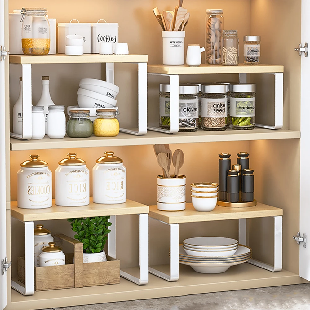 2/4PCS Organizzatore per armadio da cucina Scaffale per armadio retrattile Bottiglia di condimento Scaffale per spezie Scaffale per piatti Scaffale di stoccaggio in legno impilabile