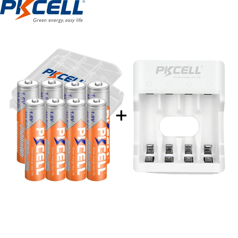 PKCELL 4PC AA 2500MWH Batteries +4PC NI-ZN AAA 900MWH Battery 1.6V NIZN AAA/AA Rechargeable Batteries with nizn battery charger