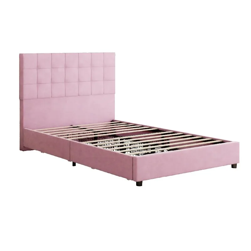 Full Bed Frame Soft Padded Vertical Channel Headboard 4 Storage Drawers Elegant Modern Full Size Bed Frame for Bedroom Bed Frame