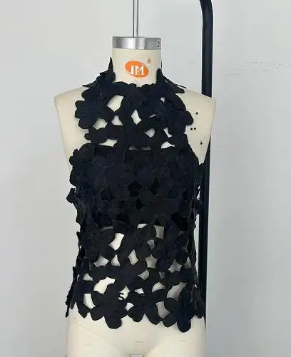 Women Flower Embroidered Halter Tops Slim Cut Out Sleeveless Open Back Shirts Trendy Summer Streetwear